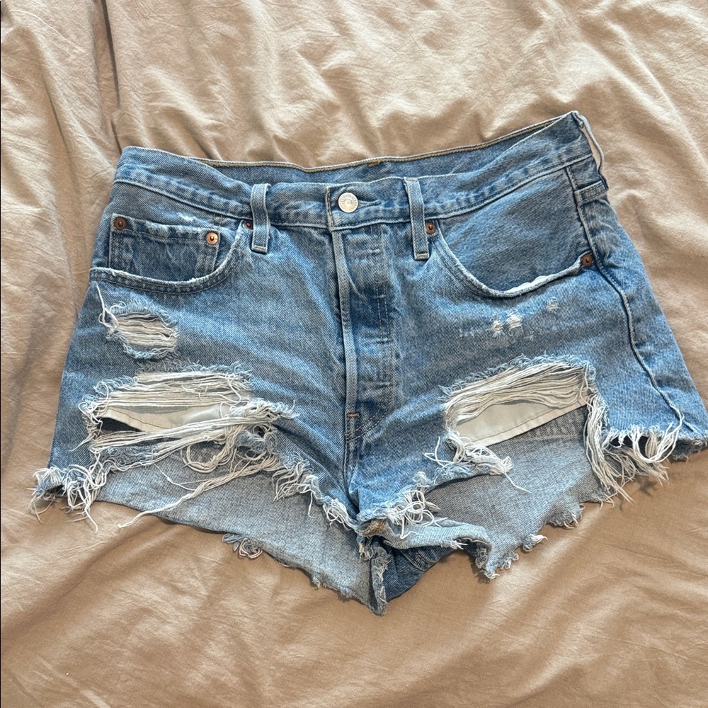 Levi 501 Distressed Blue High-Waist Denim Shorts